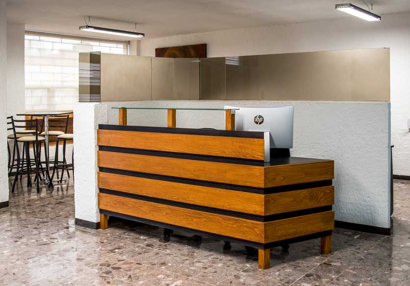 Recepción moderna y acogedora en Sinergia Espacios, Puebla, con atención personalizada y diseño profesional para recibir a tus pacientes o asistentes.